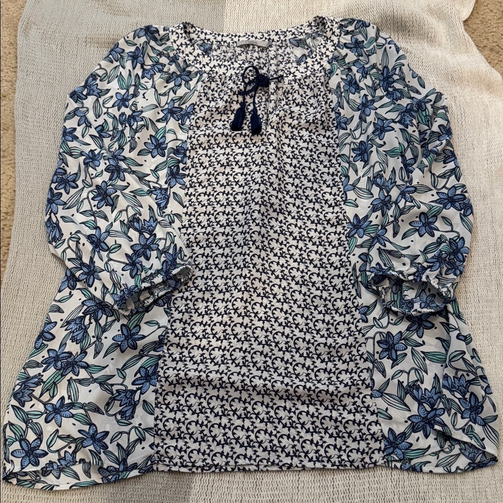 Dalia Blue White Floral Tunic Blouse XL Tassel Tie Lightweight